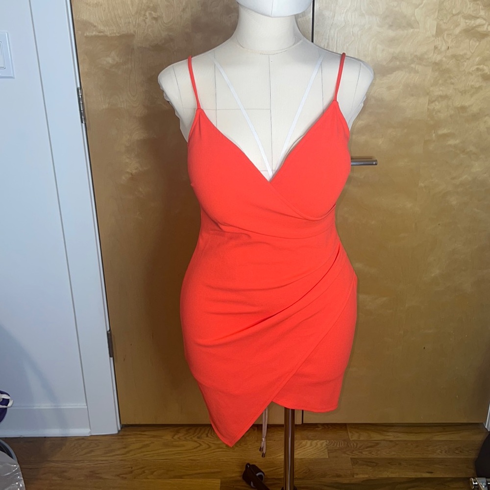 Akira Ruched Side, Asymmetrical Red/Orange Mini Dress in Size Large
